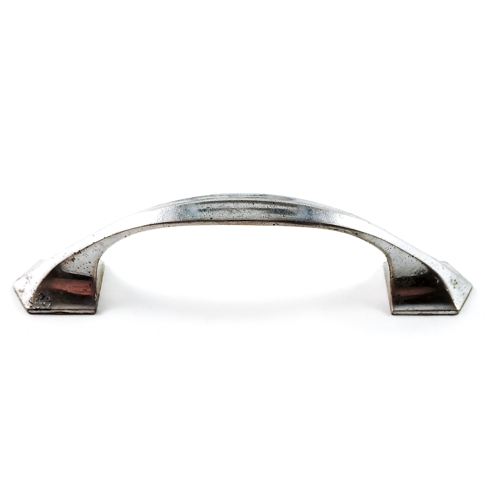 Nine nickel-plated vintage drawer handles with mounting screws lined up in a row