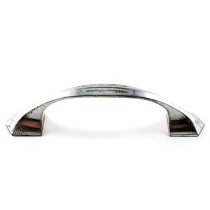 A vintage nickel-plated drawer handle with flared ends