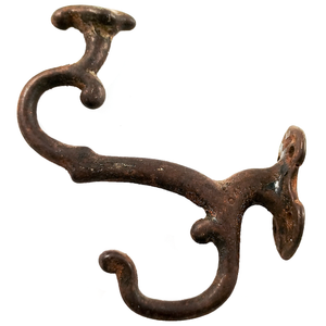 A uniquely-shaped antique iron double coat hook facing to the left, with an odd crest shape on top of the upper hook