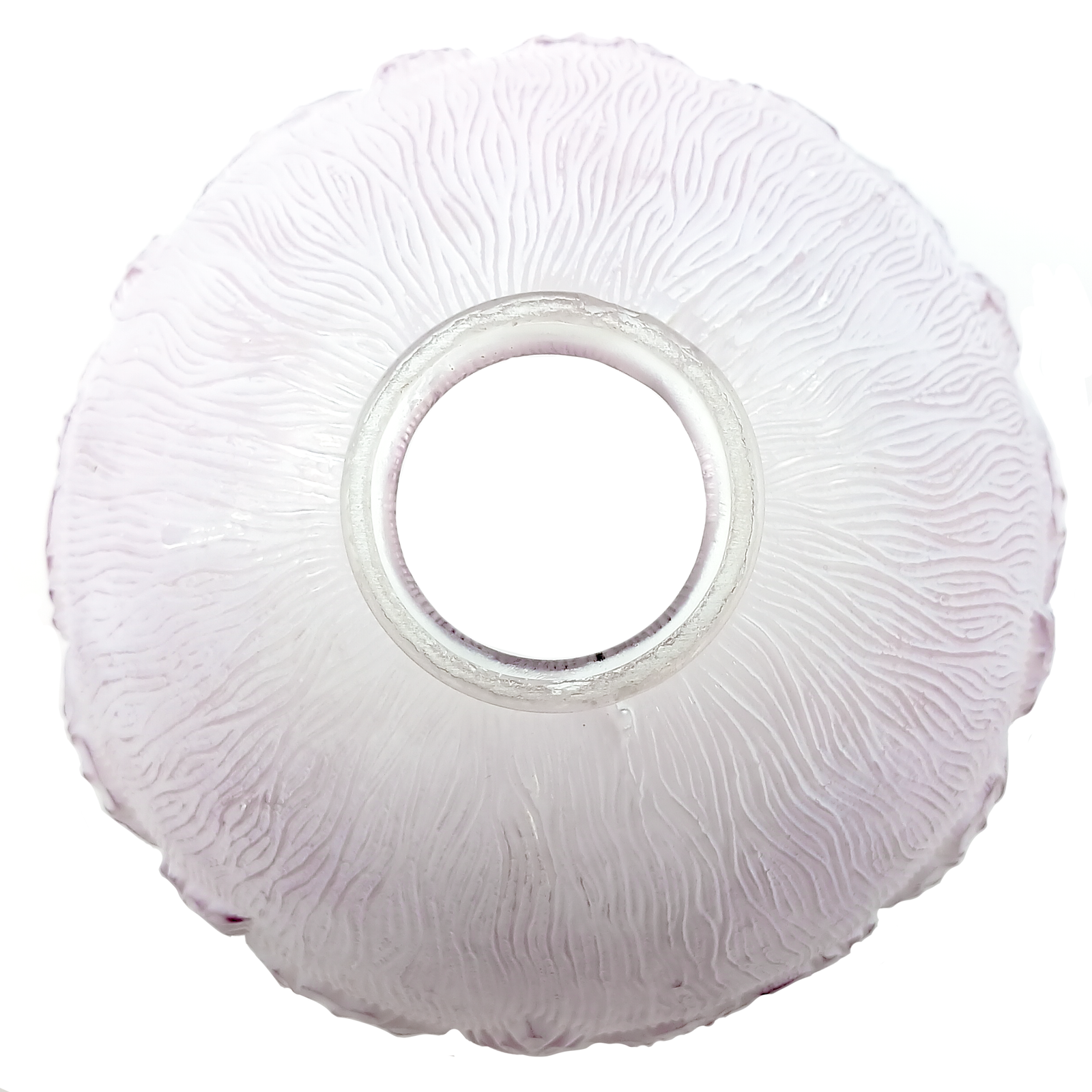 A frosted glass lampshade with a pale purple tint. The shade is bowl-shaped, with a raised floral pattern around the rim and a subtle wavy line pattern covering the space between the flowers and the fitter.