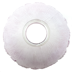A top-down view of a frosted glass lampshade with a soft purple tint. The shade is decorated with a wavy line pattern. The fitter appears to be hand-ground.
