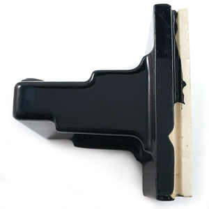 A side view of a tile-in porcelain cup holder, glazed in black. The tile-in portion is fairly shallow, and the cup holder portion has some geometric embellishments to its overall shape.