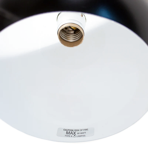 A close-up of the socket of a black pendant lamp with a white interior and a label saying the lamp takes a Type A lamp, max 60 watts