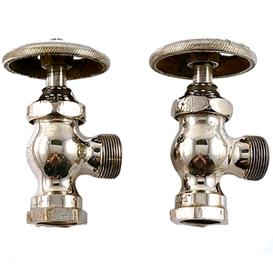 Two nickel-plated angle stops, facing to the right. They have wide, flat knobs and a fair amount of surface wear.