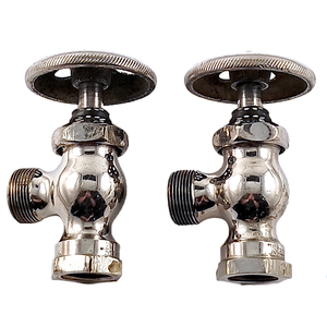 A pair of nickel-plated angle stops with wide, flat knobs. They have some visible surface wear.