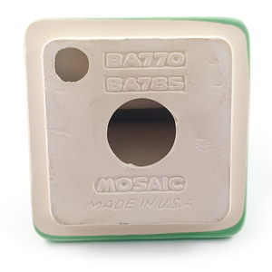 The unglazed back of the toothbrush holder, with the brand stamps and model numbers "BA770" and "BA785"