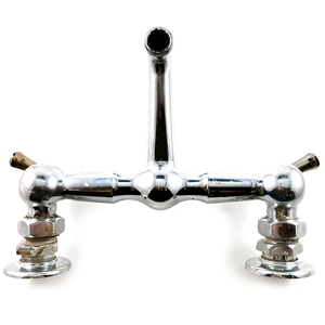 The underside of a chrome-finish farmhouse Wolverine mixer faucet from the 1930s, with a 5" spout and lever handles