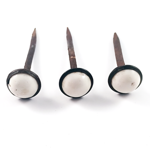 The iron-ringed ceramic domed heads of three rusted Victorian iron nails