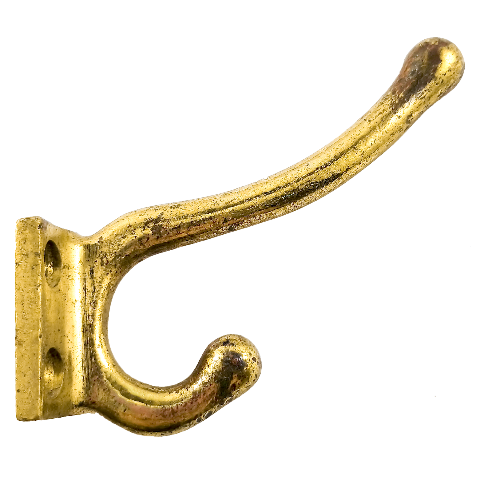 A brass or brass-plated coat hook with two prongs. There is a fair amount of wear on the surface.