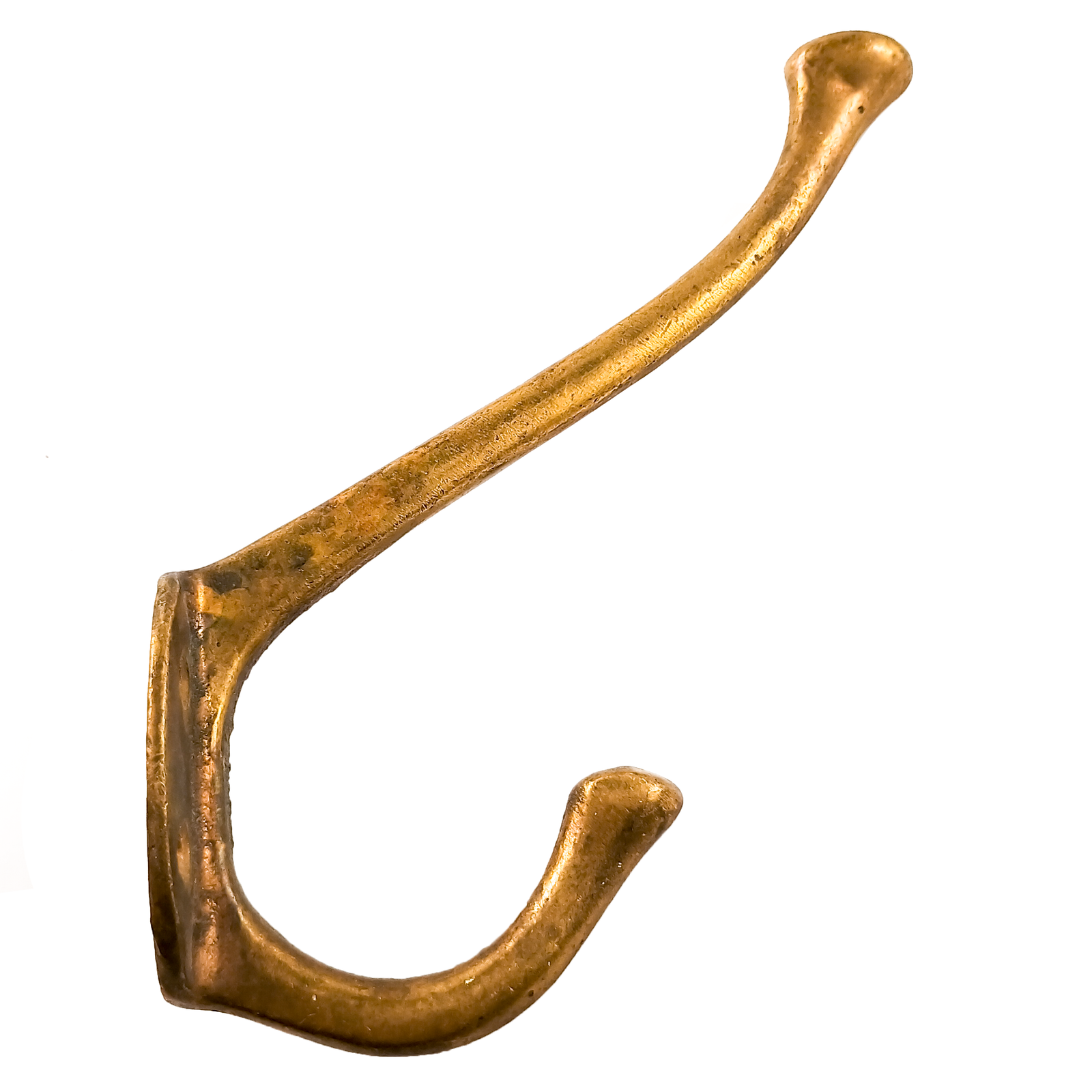 A bronze curved double coat hook, with a fairly long top hook