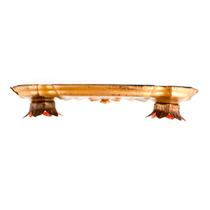 A side view of a vintage gold-tone ceiling light fixture, showing two sockets with flower-shaped housings projecting downward from the fixture.
