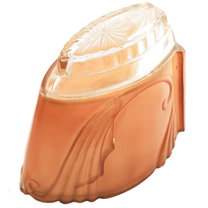 An orange and clear Art Deco slip shade with scrolling designs, as well as a clear portion with a starburst design pressed into it. there is a large crack in the side of the shade.