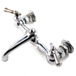A chrome-finish farmhouse Wolverine mixer faucet from the 1930s, with a 5" spout and lever handles
