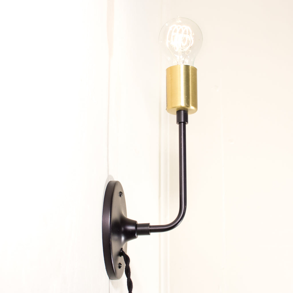 Modern Brass and Black Schoolhouse Electric Sconce with Plug