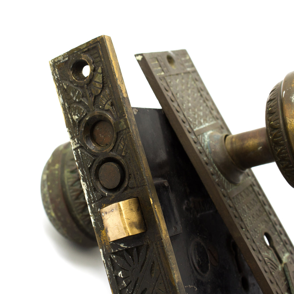 this is a close up picture of the mortise face on a vintage Victorian mortise lock and door knob set