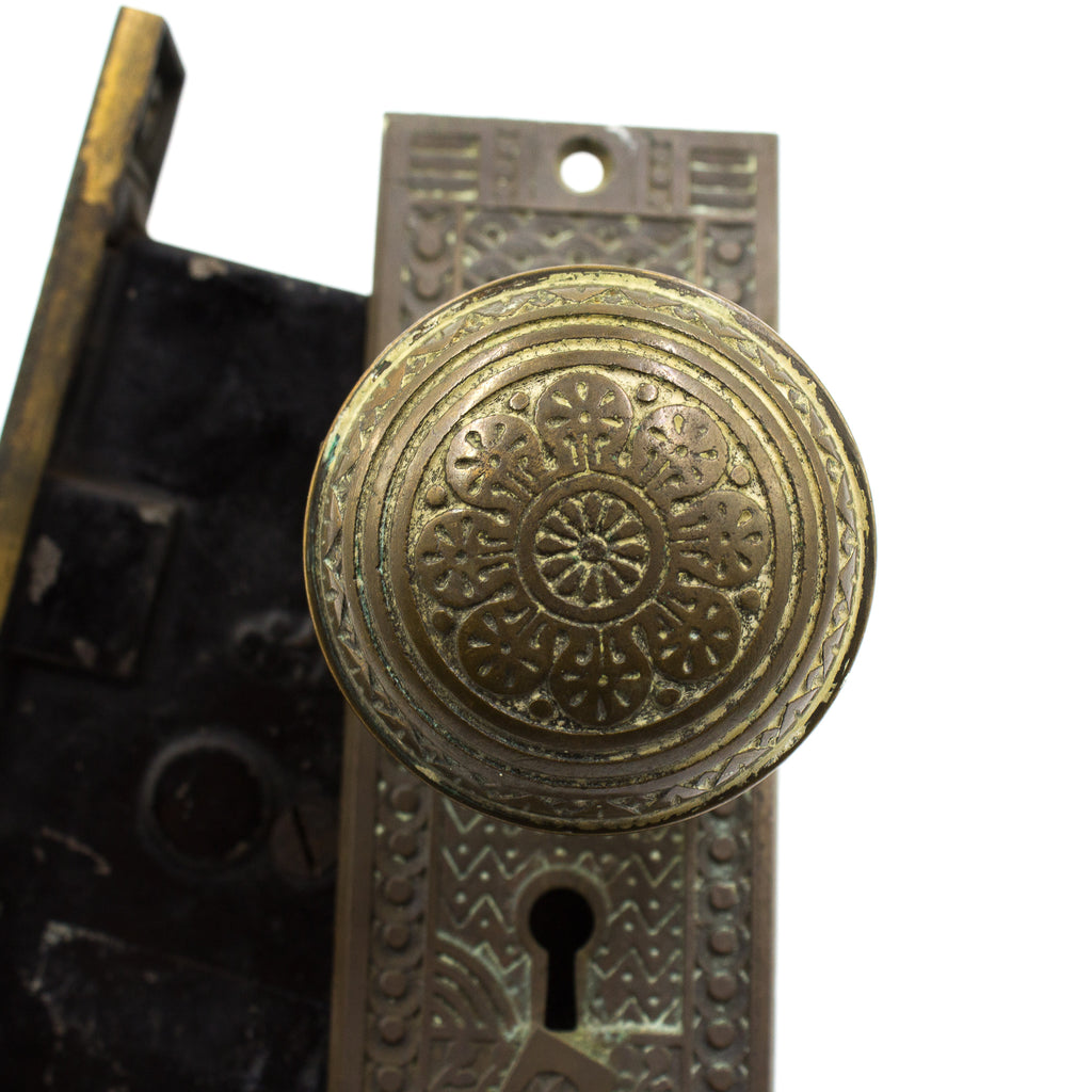 this is a picture of the detail on the door knob of a vintage Victorian mortise lock set