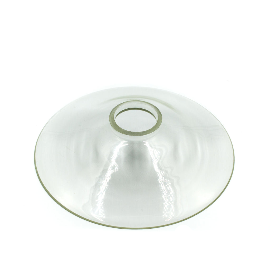 This is a top down angle view of a clear glass saucer shade from Schoolhouse Electric