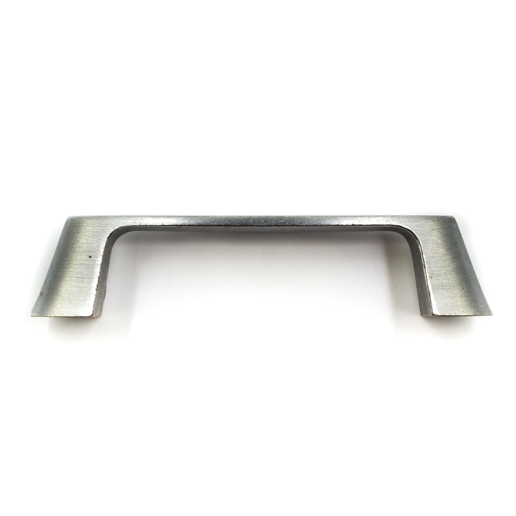 this is the side view of a vintage mid century brushed nickel cabinet or drawer pull