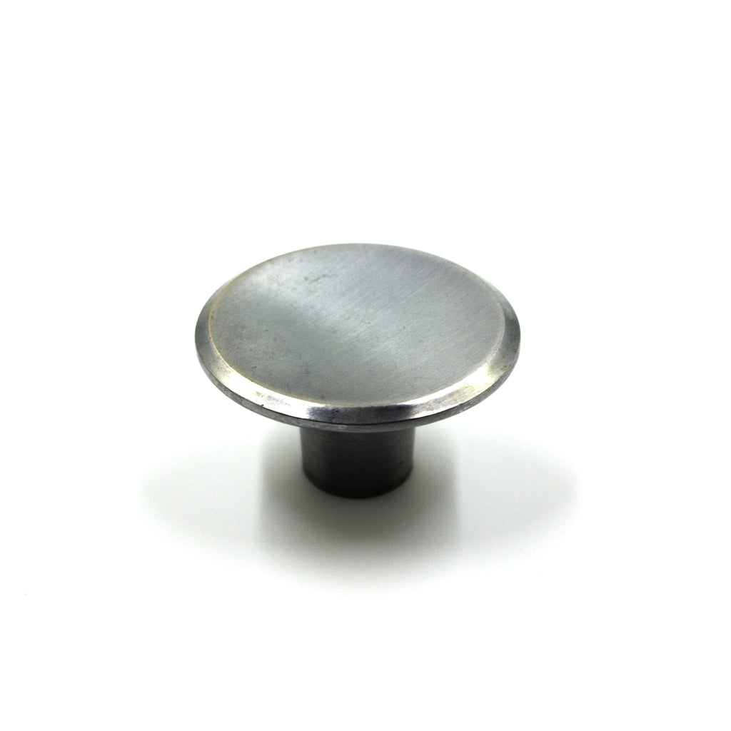 this is the side view of a vintage mid century brushed nickel concave cabinet or drawer pull knob