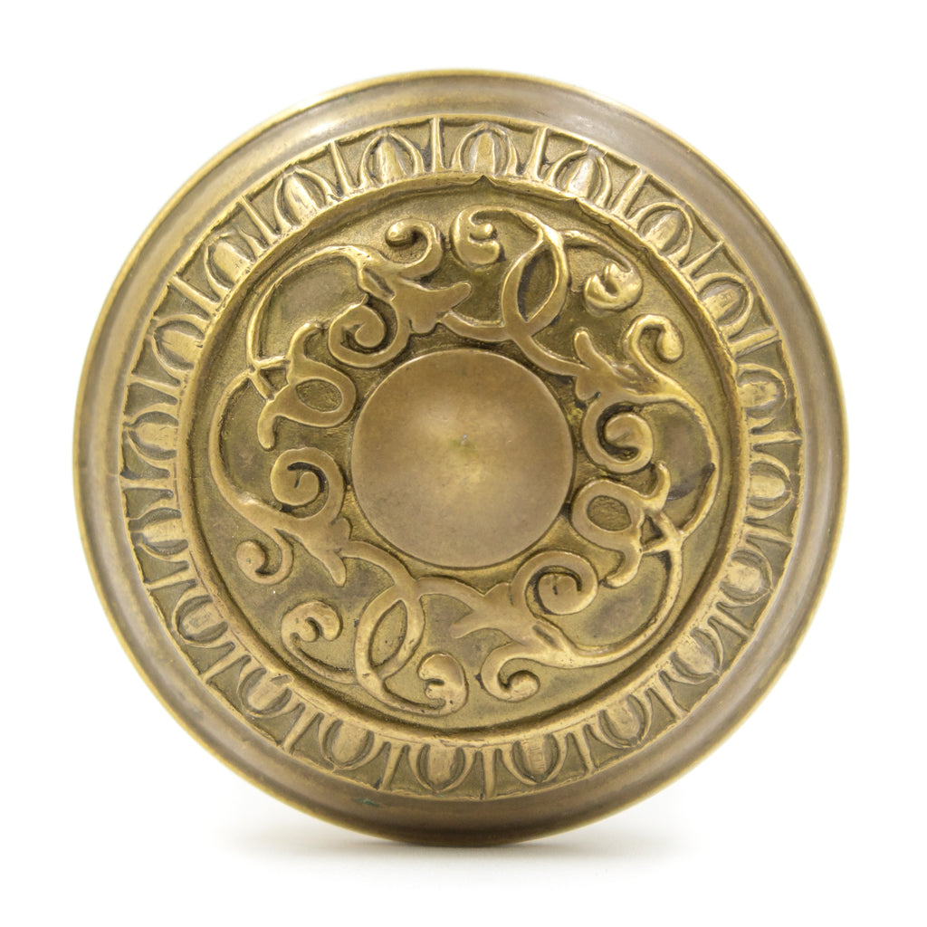 this is a picture of the a reproduction brass door knob showing the design