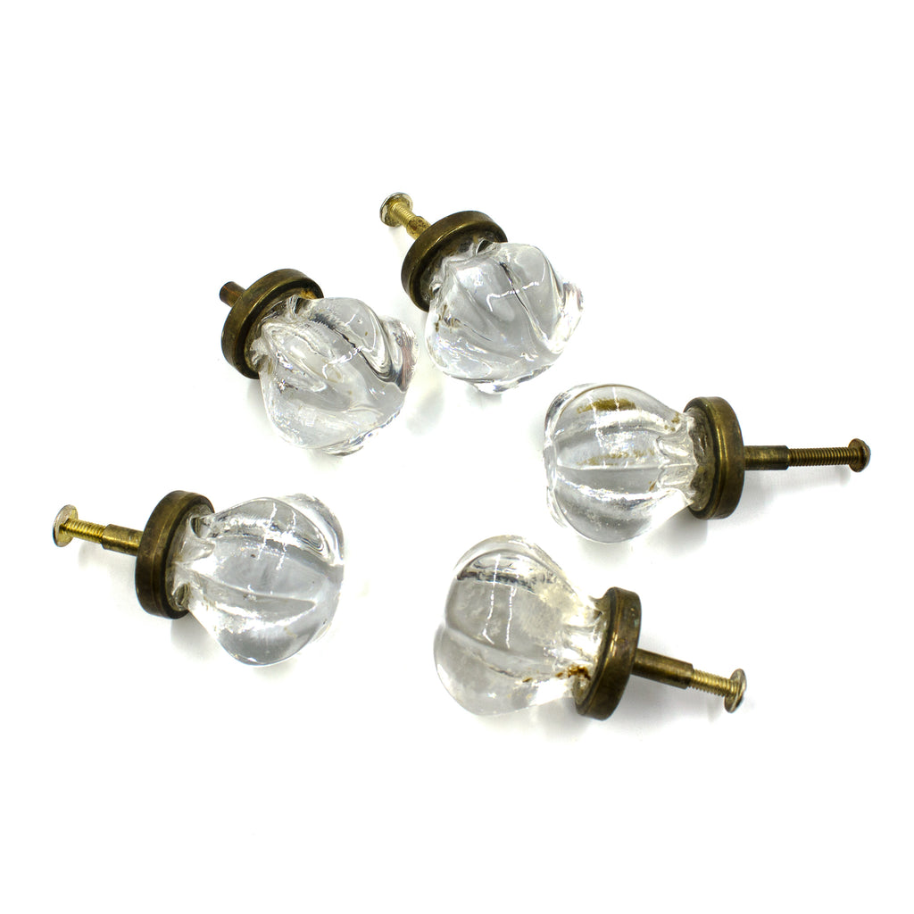 this is a set of five vintage glass cabinet or drawer pull knobs