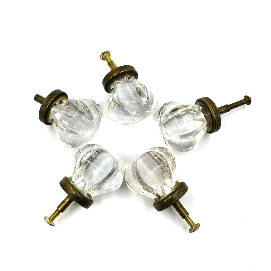 this is a set of five vintage glass cabinet or drawer pull knobs