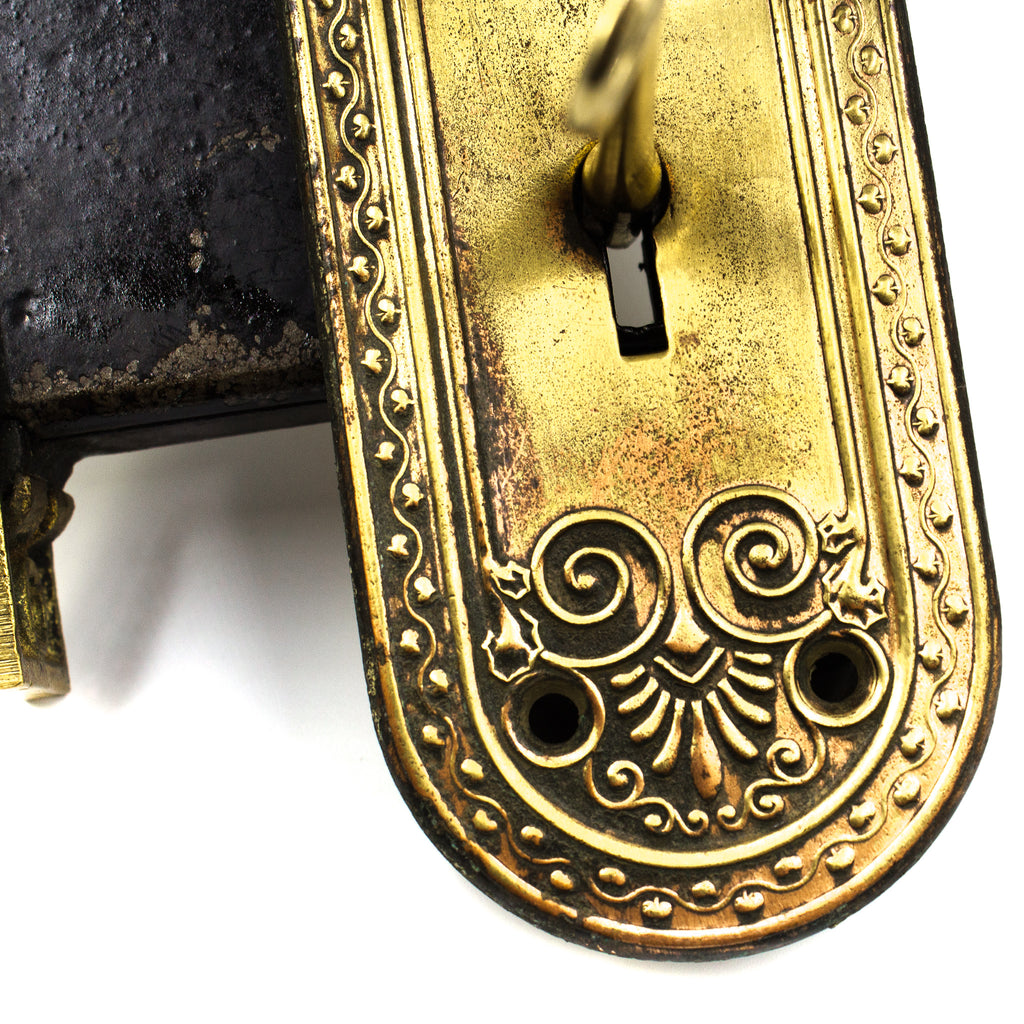 this is a close up detail of a vintage backplate for a door knob set