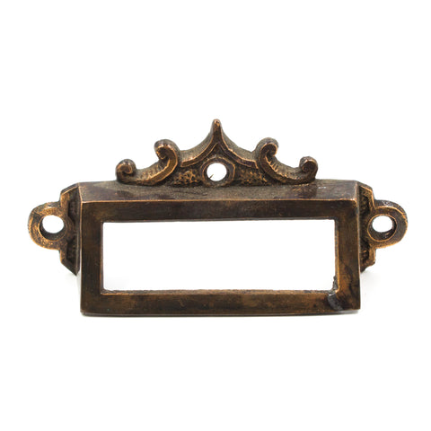 this is a vintage copper flash japanned finish label holder