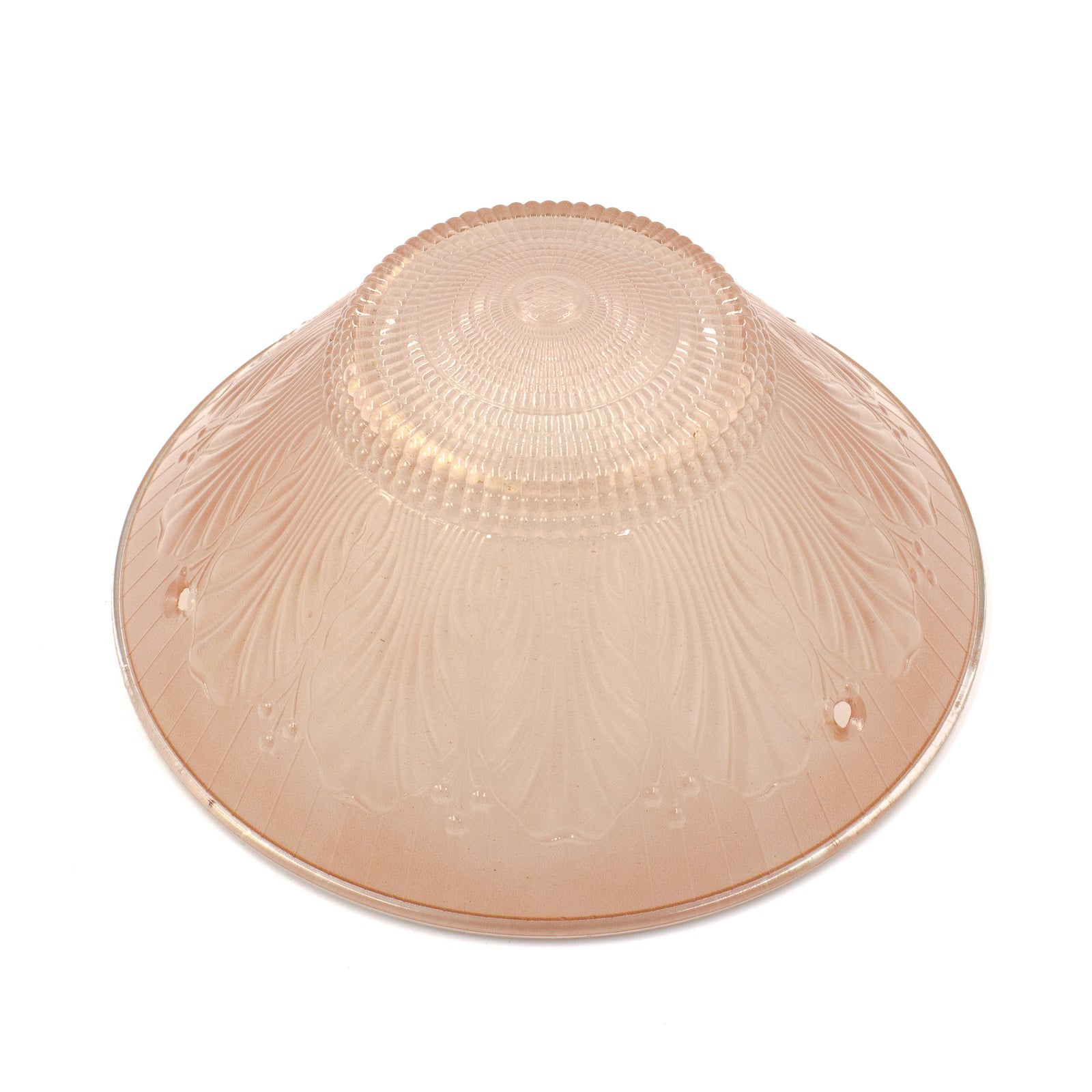 this is a vintage mid century pink glass three chain floral shade