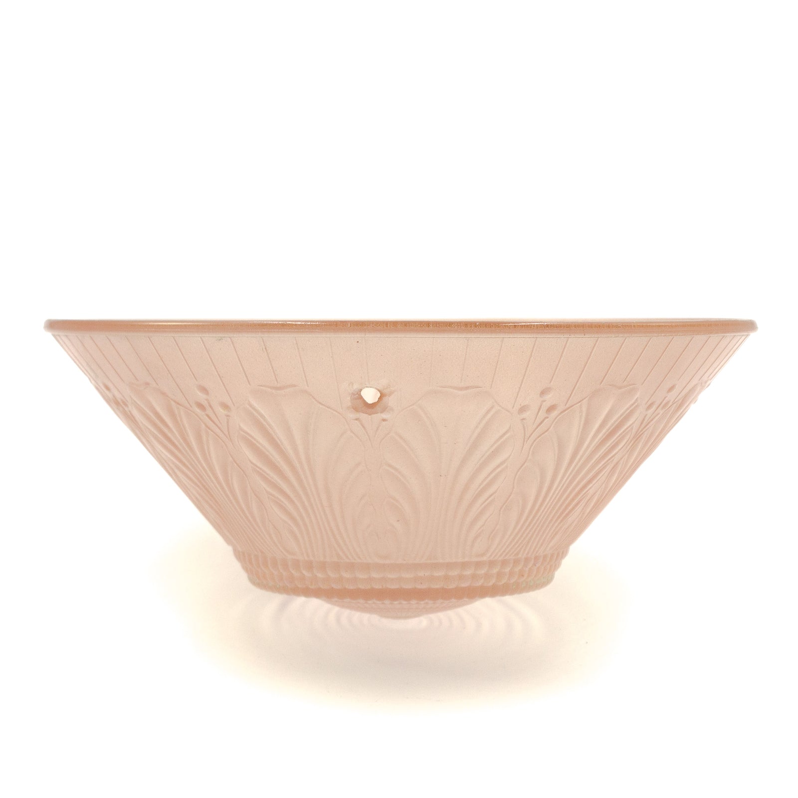 this is a vintage mid century pink glass three chain floral shade