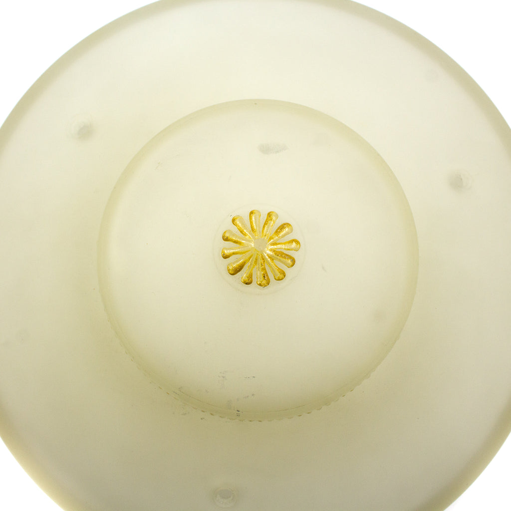 this is the top view of the yellow floral detail on a vintage mid century frosted glass three chain shade