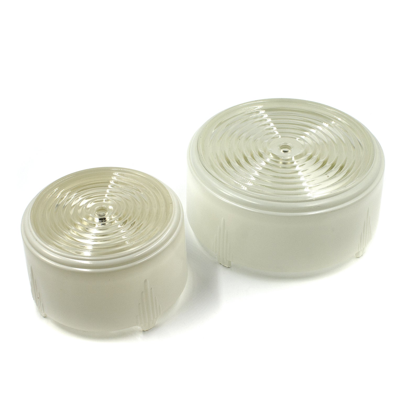 this is a pair of large and small vintage mid century white glass drop in shades