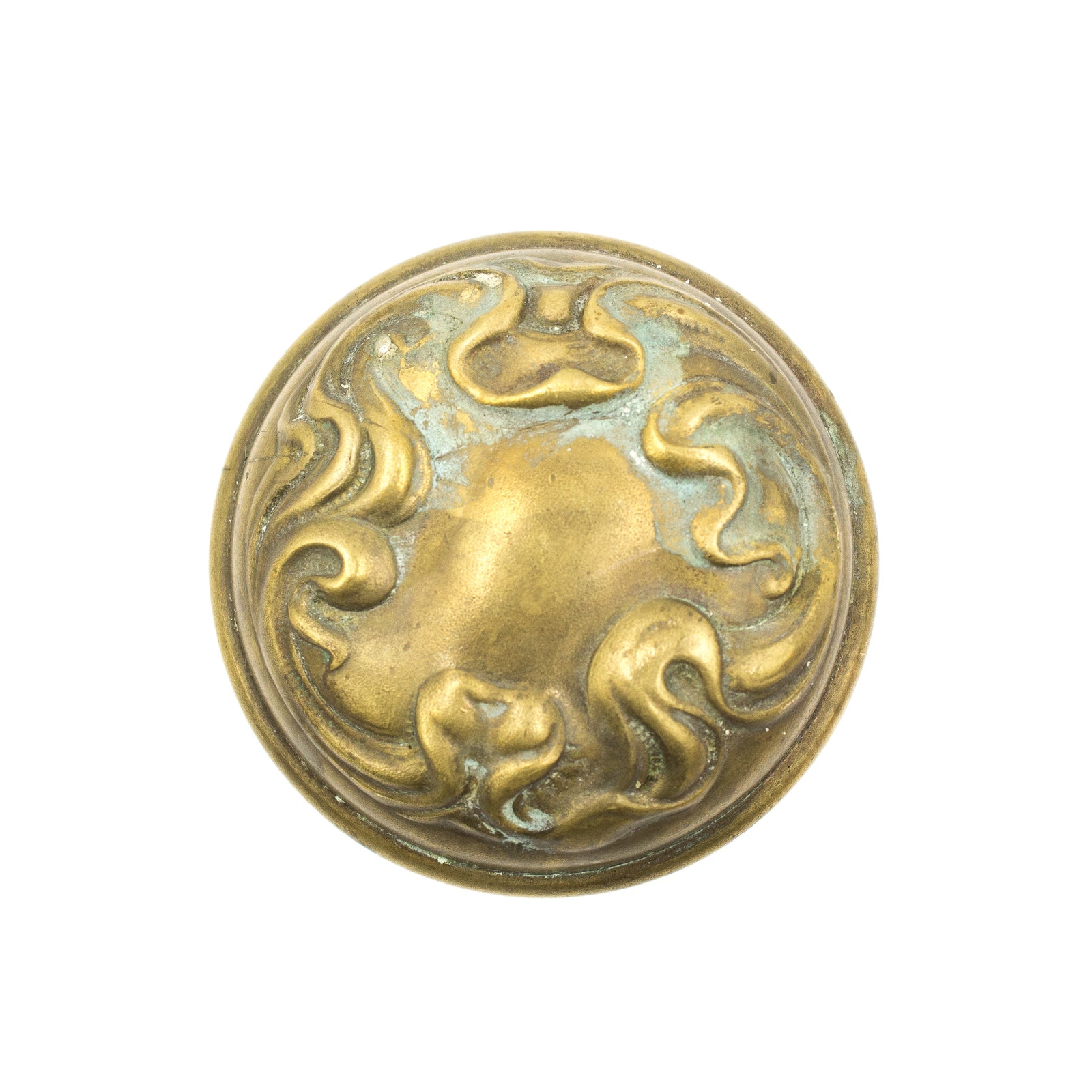 this is an antique brass art nouveau doorknob set
