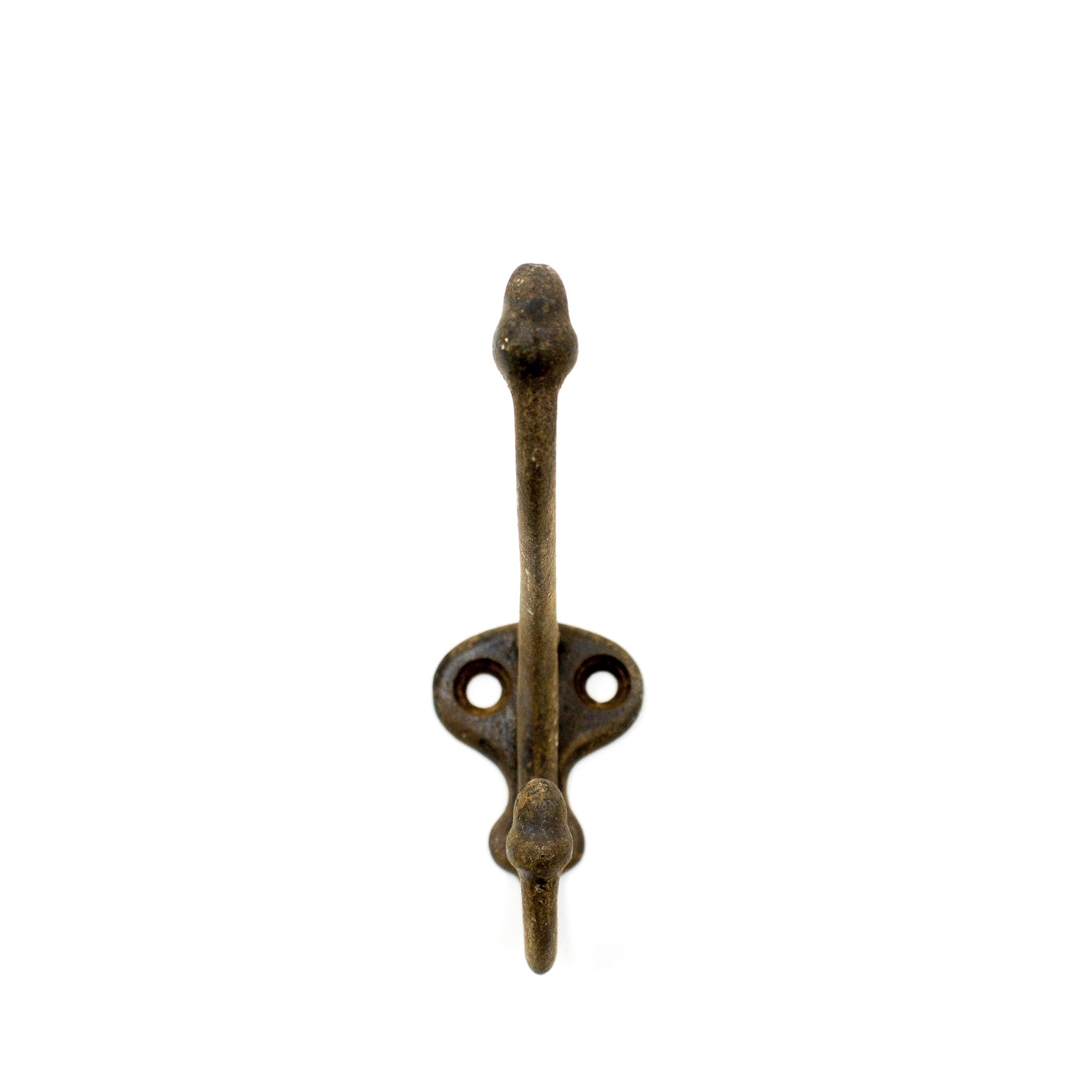 this is a side profile view of a vintage double acorn hook--it has heavy rust on it