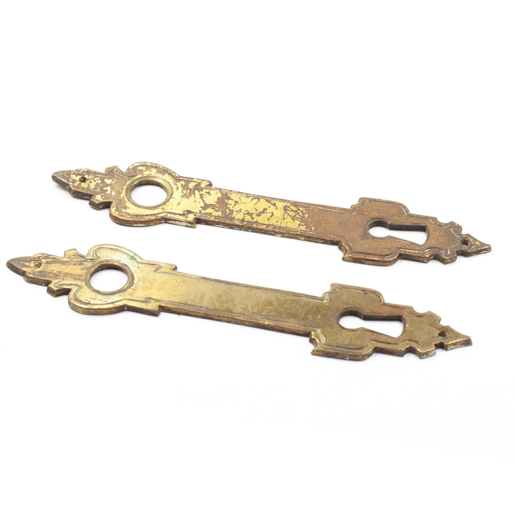 this is a side angle view of a pair of antique vintage brass escutcheons